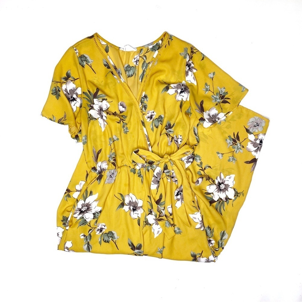 Sienna Sky Yellow Floral Jumpsuit Wide Leg Wrap Tie Waist Boho L